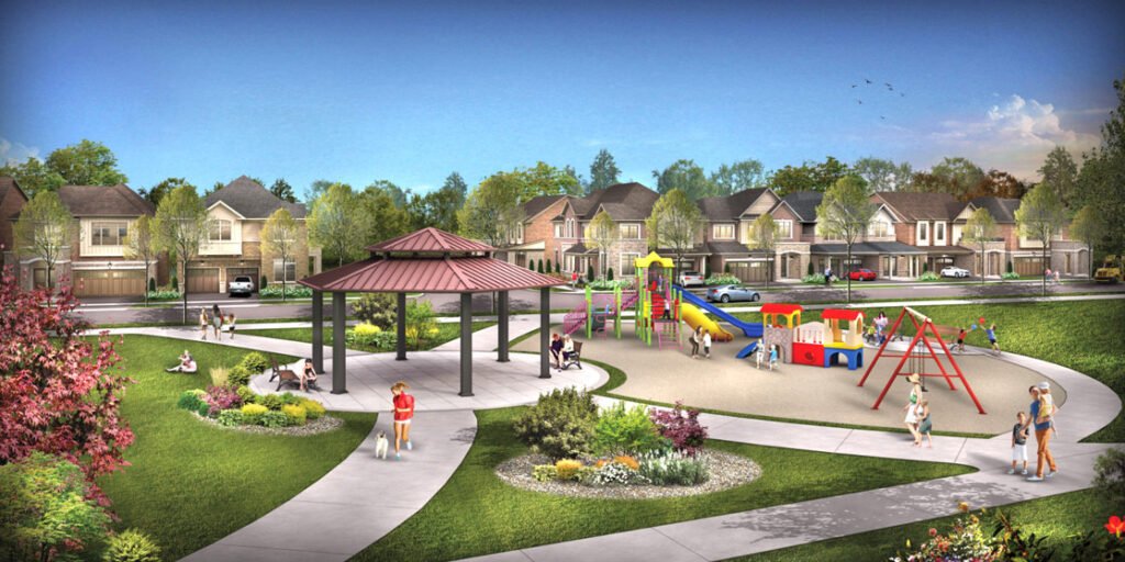Rendering of the Trails of Whitevale community park with gazebo and playground